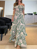 Momentlover Printed Leaf Falbala Elasticity Short Sleeves Loose Off-The-Shoulder Maxi Dresses