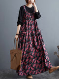 Momentlover Artistic Retro Ramie Cotton Loose 3 Colors Floral Printed Square-Neck Sleeveless Strap Dress