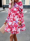 Momentlover Tied Split-Joint Printed Puff Sleeves Loose Mock Neck Mini Dresses