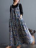 Momentlover Artistic Retro Ramie Cotton Loose 3 Colors Floral Printed Square-Neck Sleeveless Strap Dress