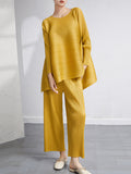 Momentlover Loose Pleated Solid Color High-Low Round-Neck T-Shirts  + Pants Two Pieces Set