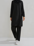 Momentlover Solid Color Long Sleeves Pockets Split-Side Round-Neck Shirts Top + Pants Bottom Two Pieces Set