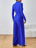 Momentlover Solid Color Knot Elasticity Wide Leg High Waisted Deep V-Neck Jumpsuits