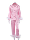 Momentlover Split-Joint Long Sleeves Buttoned Feathers Notched Collar Shirts Top + Pants Bottom Pajama Sets