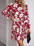 Momentlover Tied Waist Pleated Flower Print Loose Long Sleeves Mock Neck Mini Dresses