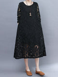 Momentlover A-Line Long Sleeves Hollow Round-Neck Midi Dresses