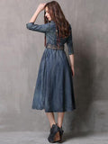 Momentlover Vintage Embroidered Cropped Denim Dress
