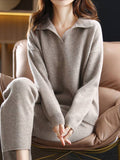 Momentlover Solid Color Polo Long Sleeves Loose Sweater Top + Pants Bottom Two Pieces Set