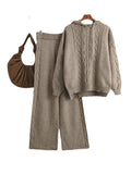 Momentlover Urban Loose Solid Color Hooded High-Low Sweater Tops & Wide Leg Pants Two Pieces Set