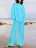 Momentlover Loose Solid Color Long Sleeves Round-neck Shirts Top + Drawstring Pants Bottom Two Pieces Set