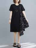 Momentlover Artistic Irregular Printed Split-Joint Loose Short Sleeve Dress