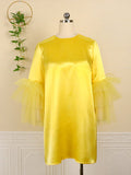 Momentlover Tulle Split-Joint Solid Color Shiny Plus Size Loose Round-Neck Mini Dresses