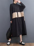 Momentlover Original Creation Long Sleeves Loose Buttoned Contrast Color Stand Collar Midi Dresses