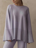 Momentlover Casual Long Sleeves Loose Solid Color Round-Neck Sweater Tops & Wide Leg Pants Two Pieces Set