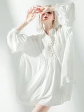 Momentlover Vacation Long Sleeves Puff Sleeves Embroidered Solid Color Stand Collar Mini Dresses