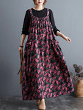 Momentlover Artistic Retro Ramie Cotton Loose 3 Colors Floral Printed Square-Neck Sleeveless Strap Dress