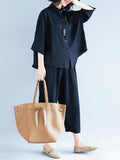 Momentlover Two-Pieces Black Loose Shirt And Ninth Pants Suit