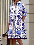 Momentlover Long Sleeves Floral Printed Lapel Midi Dresses