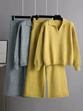 Momentlover Urban Long Sleeves Solid Color Polo Sweater Tops & Wide Leg Pants Two Pieces Set