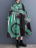 Momentlover Split-Joint Printed Buttoned Asymmetric Loose Long Sleeves Lapel Shirt Dress Midi Dresses
