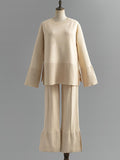 Momentlover Casual Long Sleeves Loose Solid Color Round-Neck Sweater Tops & Wide Leg Pants Two Pieces Set