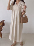 Momentlover Loose Solid Color V-Neck Pleated With Pockets Midi Dresses