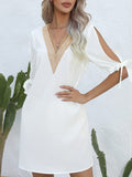 Momentlover Split-Joint Hollow Loose Half Sleeves V-Neck Mini Dresses