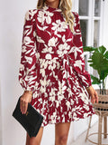 Momentlover Tied Waist Pleated Flower Print Loose Long Sleeves Mock Neck Mini Dresses