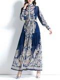 Momentlover Tied Waist See-Through Printed Puff Sleeves A-line Stand Collar Maxi Dresses