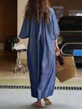 Momentlover Solid Color Pleated Lace-Up Drawstring Short Sleeves Raglan Sleeve Round-Neck Midi Dresses