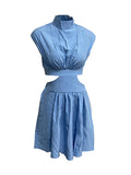 Momentlover Solid Color Pleated Belly-Hollow Skinny Stand Collar Mini Dresses