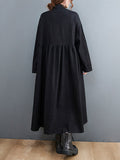 Momentlover Original Loose Denim Split-Joint Tied Lapel Collar Long Sleeves Midi Dress