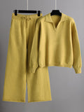 Momentlover Urban Long Sleeves Solid Color Polo Sweater Tops & Wide Leg Pants Two Pieces Set