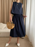 Momentlover Solid Color Loose Round-Neck Vest + High Waisted  Skirt Two Pieces Set