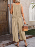 Momentlover Loose Sleeveless Pockets Solid Color Round-Neck Vest Top&Pants Two Pieces Pants Set
