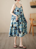Momentlover Split-Joint Printed Pleated Sleeveless Loose Spaghetti-Neck Midi Dresses
