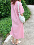 Momentlover Loose Solid Color V-Neck Pleated With Pockets Midi Dresses