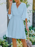 Momentlover Original Half Sleeves Loose Polka-Dot Falbala Solid Color V-Neck Mini Dresses