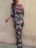 Momentlover Printed Pleated Contrast Color Batwing Sleeves Maxi Dresses