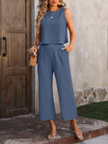Momentlover Loose Sleeveless Pockets Solid Color Round-Neck Vest Top&Pants Two Pieces Pants Set
