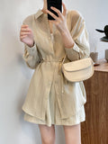 Momentlover Loose Solid Color Long Sleeves Blouse + Pleated Shorts Two Pieces Set