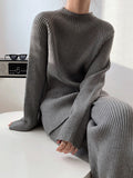 Momentlover Urban Loose Solid Round-Neck Split-Side Sweater& Wide Leg Pants Suits