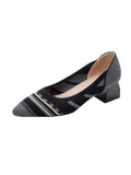 Momentlover Striped Round Cut Pointed-Toe Contrast Color Pumps Mid Heels