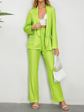 Momentlover Striped Long Sleeves Lapel Blazer Top + Wide Leg Pants Bottom Two Pieces Set