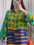 Momentlover Printed Buttoned Loose Long Sleeves Lapel Shirt Dress Maxi Dresses