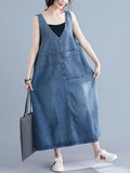 Momentlover Loose Sleeveless Denim V-Neck Midi Dress