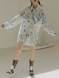 Momentlover Original Loose Long Sleeves Buttoned Contrast Color Printed Lapel Collar Mini Dresses