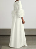 Momentlover Elegant Simple Black And White Feather Long Sleeve Party Dress