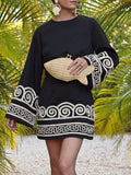 Momentlover Flared Sleeves Embroidered Round-Neck Mini Dresses