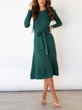 Momentlover Tied Waist Solid Color Long Sleeves High Waisted Round-Neck Sweater Dresses Midi Dresses